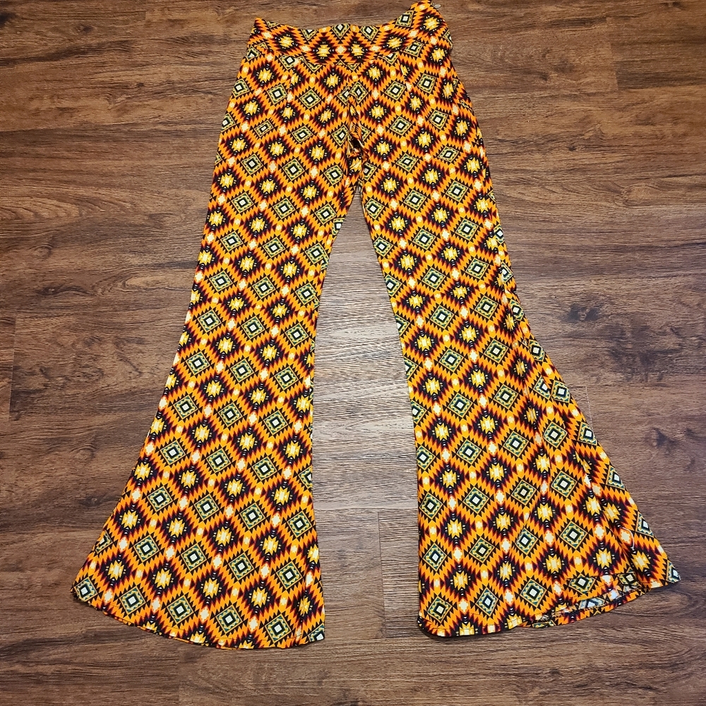 Vintage 70s Orange Southwestern Print Bell Bottom Pants M - Picture 2 of 3